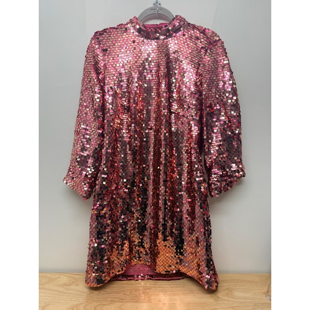 Maeve by Anthropologie Pink Sequin Open Back Mini Dress Large Elbow Sleeve  #49